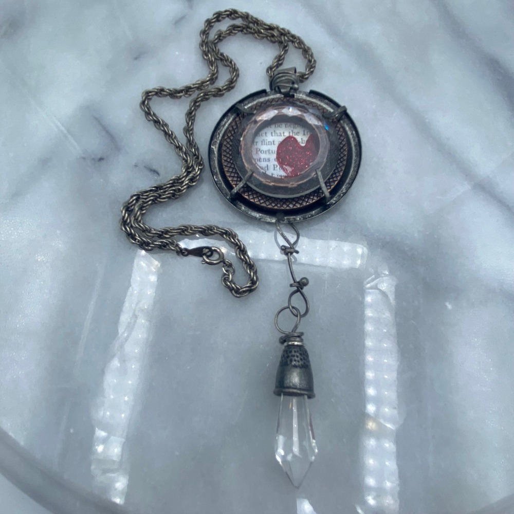 Assemblage Necklace Silver Steampunk Heart Crystal Thimble Whimsigoth Oddities